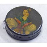 19TH CENTURY LACQUERED CIRCULAR COMPACT DECORATED TO TOP WITH A 18TH CENTURY WOMAN 7.