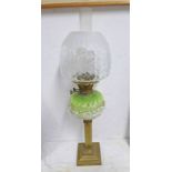 19TH CENTURY PARAFFIN LAMP WITH COLOURED GLASS BOWL ON BRASS COLUMN Condition Report: