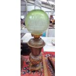 ARTS & CRAFTS STYLE LAMP WITH GREEN GLASS GLOBE AND HEAVY BRASS LIONS PAW BASE Condition