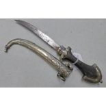 MIDDLE EASTERN JAMBIYA WITH 17CM LONG SLIGHTLY CURVED BLADE, WHITE METAL MOUNTS,