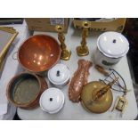 COPPER BLEEDING BOWL WITH BRASS LOOP, PAIR OF BRASS CANDLE STICKS, ENAMEL POTS WITH LIDS,