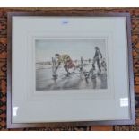 HENRY WILKINSON CURLING SIGNED IN PENCIL FRAMED COLOURED ETCHING 22 X 31 CM