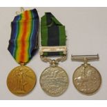 WW1 PAIR OF MEDALS AND AN INDIAN GENERAL SERVICE MEDAL WITH AFGHANISTAN N W F 1919 CLASP TO 2ND