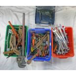 SELECTION OF VARIOUS TOOLS TO INCLUDE PIPE WRENCHES, SPANNERS, BOSCH DRILL,