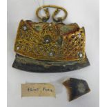 MIDDLE EASTERN FLINT PURSE WITH PIERCED BRASS PANEL ON A BRASS, METAL AND LEATHER BODY,