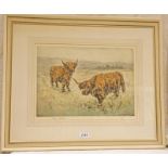 HENRY WILKINSON 2 HIGHLAND CATTLE SIGNED IN PENCIL NO 3 OF 150 FRAMED COLOURED ETCHING 27 X 38 CMS