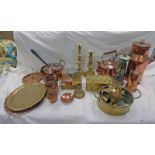 SELECTION OF COPPER AND BRASS TO INCLUDE BRASS CANDLE STICKS, COPPER MILK CHURN, COPPER TEAPOTS,