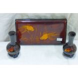 ORIENTAL LACQUERED BOX WITH LIFT UP LID DECORATED WITH FISH WITH A MATCHING PAIR OF LACQUERED VASES