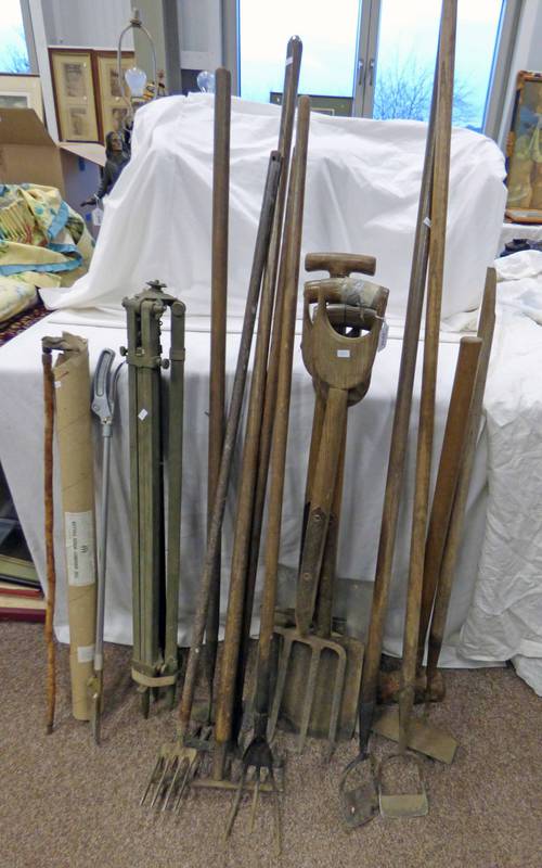 SELECTION OF GARDEN TOOLS TO INCLUDE RAKES, HOES,