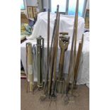 SELECTION OF GARDEN TOOLS TO INCLUDE RAKES, HOES,