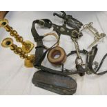 VARIOUS LEATHER HORSE HARNESS, CAST IRON BOOT PULLER, PAIR BRASS CANDLE STICKS ,