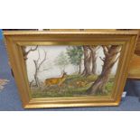 W FORBES 1995 DEER IN FOREST SIGNED GILT FRAMED OIL PAINTING 49 X 75 CM