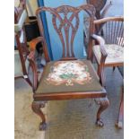 MAHOGANY OPEN ARMCHAIR ON BALL AND CLAW FEET WITH TAPESTRY SEAT Condition Report: