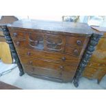 19TH CENTURY BRASS INLAID MAHOGANY CHEST OF 4 SHORT OVER 3 LONG DRAWERS WITH CARVED COLUMNS & LIONS