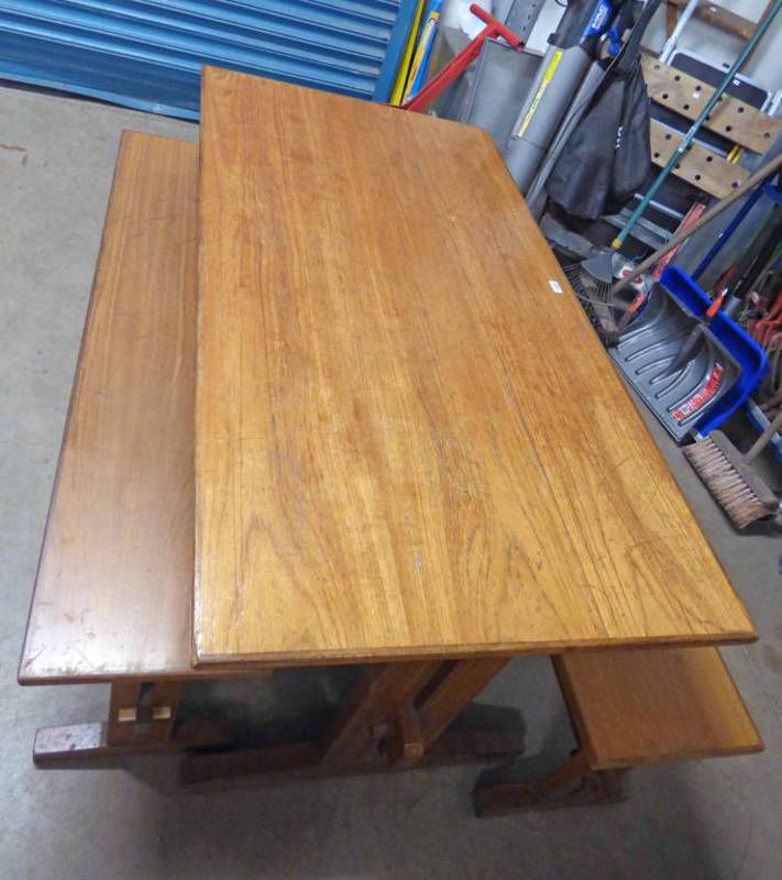 20TH CENTURY HARDWOOD KITCHEN TABLE WITH PAIR MATCHING BENCHES 152 CM LONG