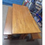 20TH CENTURY HARDWOOD KITCHEN TABLE WITH PAIR MATCHING BENCHES 152 CM LONG