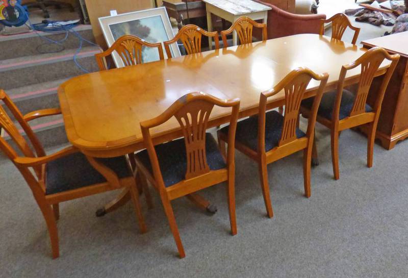 3 PIECE YEW WOOD DINING ROOM SUITE OF 8 DINING CHAIRS SIDEBOARD & TWIN PEDESTAL DINING TABLE