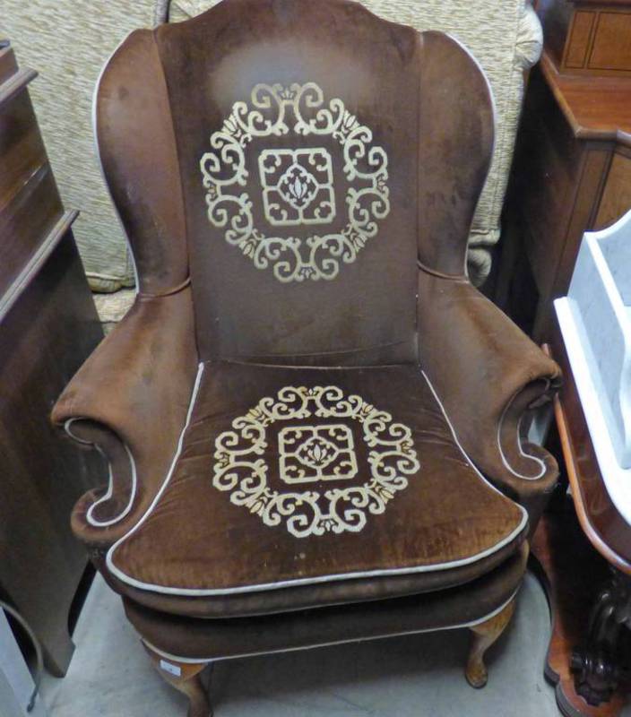 EARLY 20TH CENTURY WINGBACK ARMCHAIR ON QUEEN ANNE SUPPORTS
