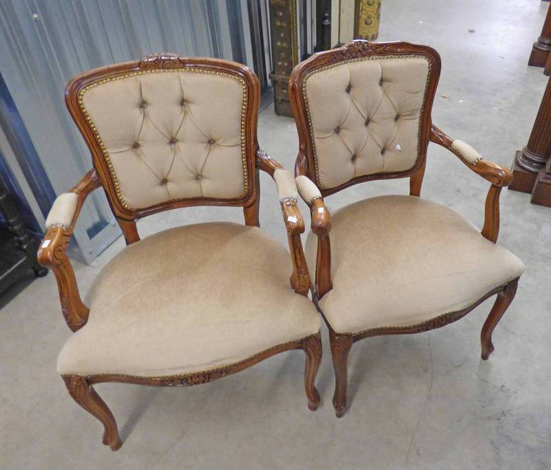 PAIR OF CONTINENTAL BUTTON BACK ARMCHAIRS ON CABRIOLE SUPPORTS