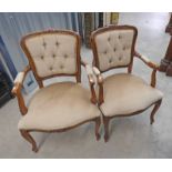 PAIR OF CONTINENTAL BUTTON BACK ARMCHAIRS ON CABRIOLE SUPPORTS
