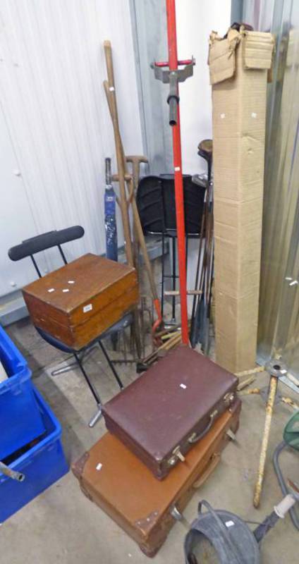 FOLDABLE CHAIRS, VARIOUS GARDEN TOOLS, GOLF CLUBS, SUITCASES,