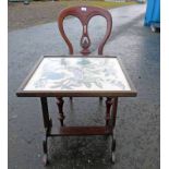 TAPESTRY FLIP TOP TABLE & MAHOGANY DINING CHAIR Condition Report: The frame of the
