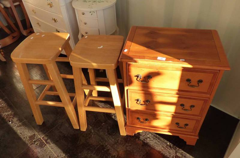 YEW WOOD 3 DRAWER CHEST AND PAIR PINE STOOLS