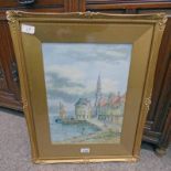 HAMILTON GLASS, DUTCH HARBOUR SCENE, SIGNED, GILT FRAMED WATERCOLOUR,