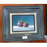 LA FRIJEN, PAIR OF PLUMS, SIGNED, FRAMED OIL PAINTING, 12.