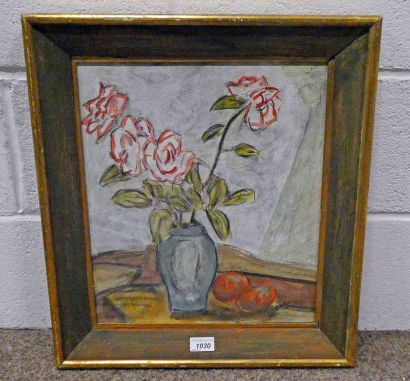 BETH HUNTER, STILL LIFE WITH FLOWERS IN VASE & FRUIT, SIGNED, FRAMED WATERCOLOUR,