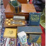 MAHOGANY BOX WITH GAMES BOX, DOMINOES, TAROT CARDS, MAUCHLINE BOX,