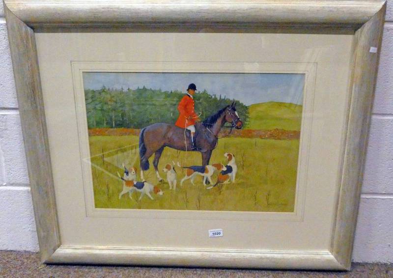 RALSTON GUDGEON, HORSEMAN AND HOUNDS, SIGNED, FRAMED WATERCOLOUR,