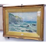 TS HUTTON, A ROCKY SHORELINE, SIGNED, GILT FRAMED WATERCOLOUR,