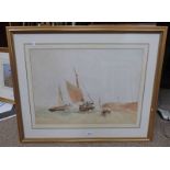 19TH CENTURY ENGLISH SCHOOL, FISHING VESSELS OFF A HARBOUR WALL, UNSIGNED, FRAMED WATERCOLOUR,