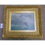 EDOARDO DE MARTINO, SAILING KETCH & STEAM FERRY, SIGNED AND DATED '87, GILT FRAMED OIL ON PANEL,