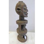 CONGO CARVED WOOD FIGURE WITH GIRDLE SHOULDERS AND BASKET WEAVE CARVING TO WAIST,