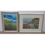 FRAMED GOUACHE NORTH EAST COAST VILLAGE & HARBOUR SIGNED FRANK DONNAN - 28 X 40CM & FRAMED OIL