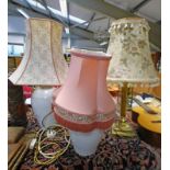 BRASS CORINTHIAN PILLAR TABLE LAMP & FLORAL PORCELAIN TABLE LAMPS