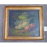 19TH CENTURY ENGLISH SCHOOL, PLUMS & PEACHES, UNSIGNED, GILT FRAMED OIL ON CANVAS,