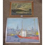 FRAMED OIL PAINTING OF HIGHLAND LOCH SCENE & OIL PAINTING OF ABERDEEN WATERFRONT SIGNED OSWALD
