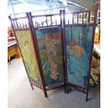 AN ART NOUVEAU 3 FOLD SCREEN PAINTED WITH MAIDENS 143CM HIGH AND 3 PANELS OF 38 CM WIDE