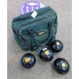 4 WOODEN BOWLING BALLS & ONE OTHER SET IN BAG WITH SHOES ETC