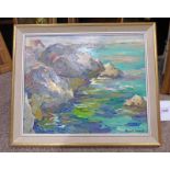 POSSIBLY HAMISH LAWRIE A ROCKY INLET, INDISTINCTLY SIGNED, FRAMED OIL PAINTING,