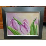 C SUTHERLAND, TULIPS, SIGNED, FRAMED OIL PAINTING,