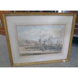 19TH CENTURY ENGLISH SCHOOL, THE DOVER DOCKS, UNSIGNED, FRAMED PEN, INK & WATERCOLOUR 26.5 X 40.