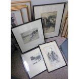 FRAMED ETCHING OF CHURCH BY JACKSON SIMPSON, FRAMED ETCHING NEWCASTLE IN EMLYN BY SEYMOUR HADEN,