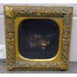 18TH OR 19TH CENTURY GILT FRAMED OIL ON PANEL OF CATS HEAD - 17 X 17CM Condition Report:
