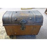 19TH CENTURY METAL STUDDED BOX WITH 2 HANDLES & BRASS LOCK - 37CM LONG