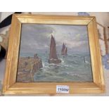 W BALLINGALL SAILING BOATS ENTERING HARBOUR SIGNED GILT FRAMED OIL PAINTING 21 X 25CM