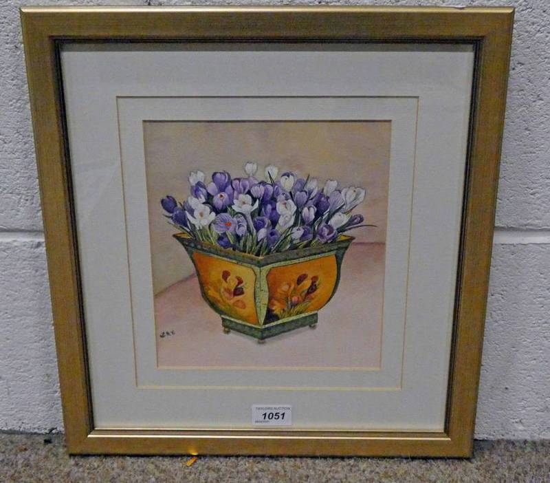 MARLEEN KERR, CROCUS VASE, MONOGRAMMED & WITH LABEL TO REVERSE, FRAMED WATERCOLOUR,